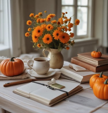 A serene setting with a cup of tea and a journal open to a colorful page.