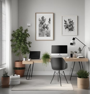 3D visualization of a stylish, functional home office layout.