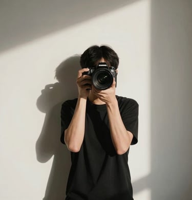 A minimalist, artistic self-portrait of a photographer in their studio, partially obscured by shadows. Professional North American studio setting, off-white and black palette. Quiet elegance.