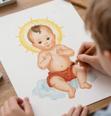 A child proudly holding up a completed Bible story puzzle from the activity kit.