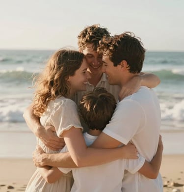Candid shot of a family group hug at a beach, sun-drenched environment, soft focus on the waves, #F7F2EB and #C06C4C color palette.