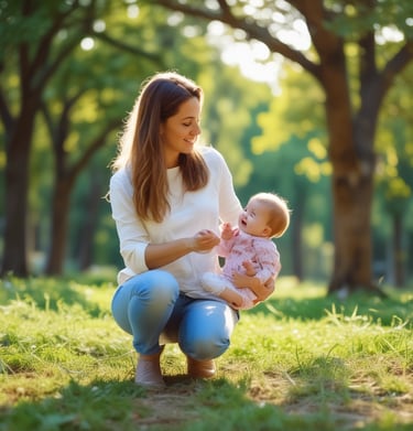A mother tying her child's shoelaces on a park bench, both dressed in warm, layered streetwear.