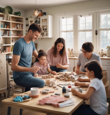 An array of finished crafts including painted pots, woven coasters, and hand-sewn fabric pouches.