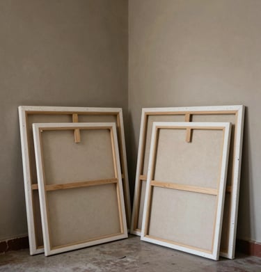A quiet corner of a South American / Argentine art studio with finished canvases leaning against an Earthy taupe wall.