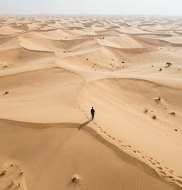 Aerial view of a remote desert area with faint outlines of hidden structures beneath the sand.