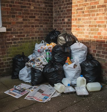 A pile of household rubbish waiting to be disposed of.