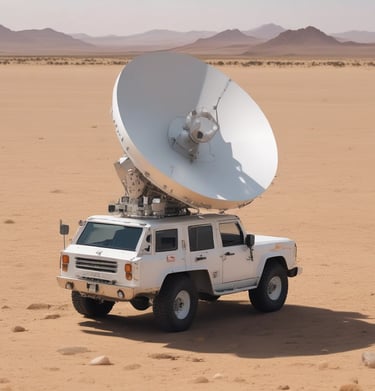 Satellite communication system setup with engineers calibrating equipment outdoors.