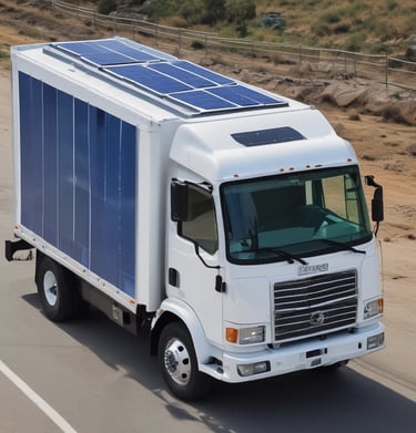 A solar electric refrigeration truck parked at a local market, preserving fresh produce.