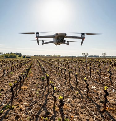 Wingtra Ray drone preparing for a flight over a large agricultural field.