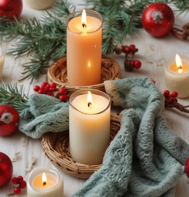 A serene home scene with lit scented jar candles casting a warm, inviting light on a cozy living room table.