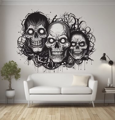 Close-up of a detailed geometric wall tattoo in soft pastel tones.