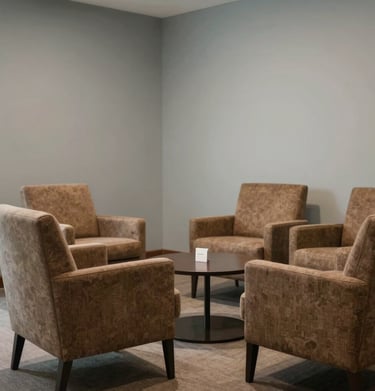 A warm and inviting professional meeting lounge in Indonesia, featuring comfortable chairs and pale mist grey walls.