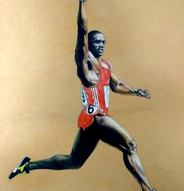 Retrato realista de atleta Ben Johnson en plena carrera, dibujo a pastel sobre papel marquilla