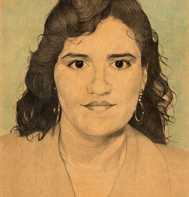 Retrato realista a grafito de mujer con cabello ondulado y aretes, dibujo sobre papel kraft