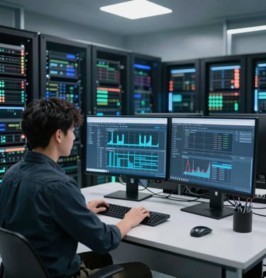 Technicians carefully inspecting liquid cooling pipes surrounded by lush greenery visible through large windows.