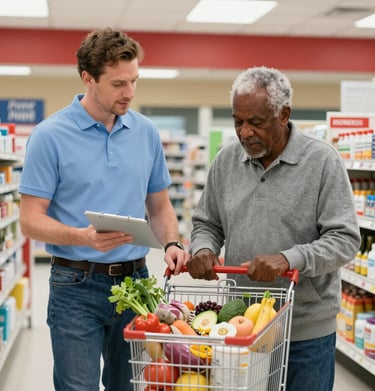 A caregiver assisting an older adult with a tablet, smiling as they navigate technology together.