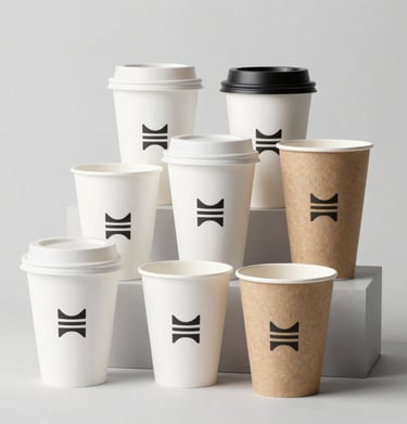 A variety of custom printed paper pots arranged in a bright studio setting.