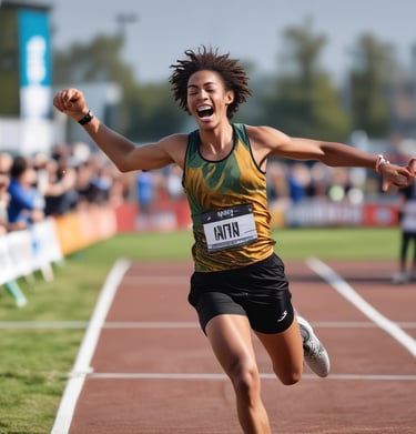 Runner crossing the finish line with arms raised in victory during a local race.