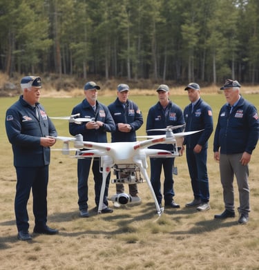 A lineup of various drone models displayed on a table during a classroom session.