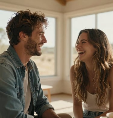 A cinematic lifestyle shot of two people sharing a laugh in a North American / US sunroom. Soft sand tones and warm light.