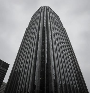 A dramatic low-angle shot of a skyscraper in #0F0F0F and #333333, sharp geometric lines against a neutral grey sky, cinematic urban atmosphere.
