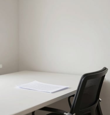 A minimalist workspace with a single chair and a script, #F5F5F5 walls, #0F0F0F chair, clean lines, cinematic lighting, calm and professional.