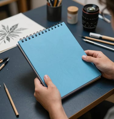 A photograph of an illustrator in a North American / US art studio holding a sky blue sketchbook, with creative tools scattered on a dark navy table.