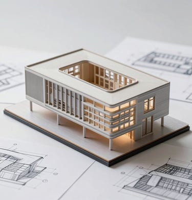 High-quality photography of an architectural model and technical sketches. Clean composition, professional lighting, reflecting technical expertise and creative precision.