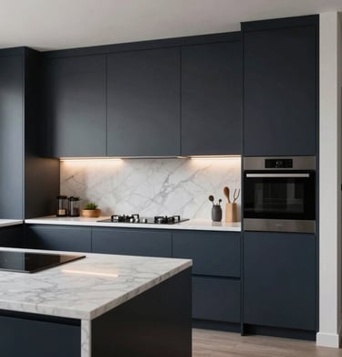 A high-end kitchen visualization with dark navy cabinets and marble countertops. Professional architectural lighting, clean composition, minimalist Northern European style.