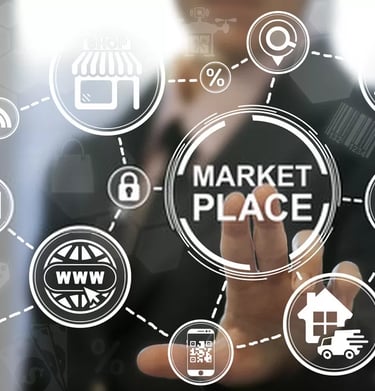 Professional touching a digital marketplace interface with icons for e-commerce, shopping, and global trade.