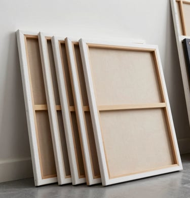 A stack of professional wood-framed canvases leaning against a studio wall, showcasing the clean edges and preparation of the artist's work in a North American setting.