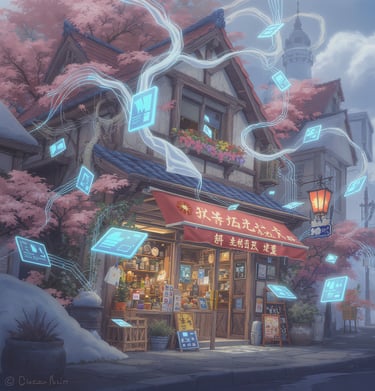 Un negocio tradicional rodeado de elementos digitales flotantes.