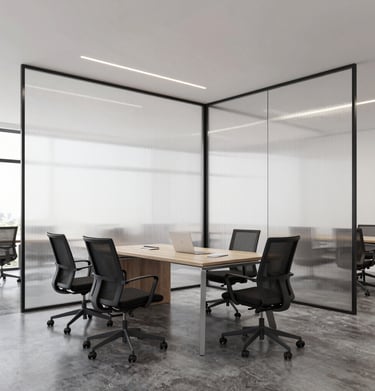 Facade of a modern office where strategic discussions take place, featuring maps and supply chain models.