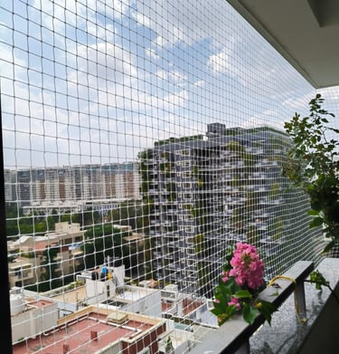 Evening view of a balcony with pigeon netting, showing the net’s durability under natural light.