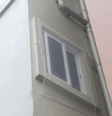 Pigeon net installed around an AC outdoor unit, blending seamlessly with the building facade.