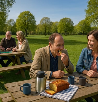 Ouders zijn gezellig met elkaar in gesprek aan tafels bij BuitenBasis