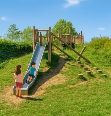 Twee kinderen op de glijbaan op de heuvel in het Schoterbos in Haarlem Noord