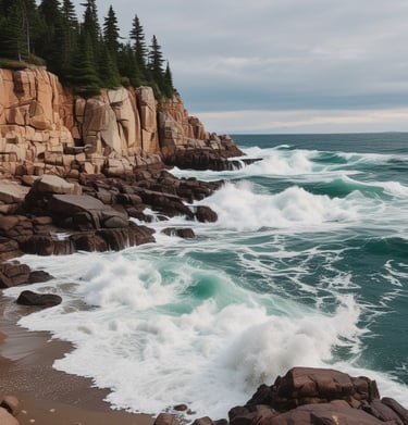 A dramatic shot of crashing waves against rugged cliffs along Acadia's shore.