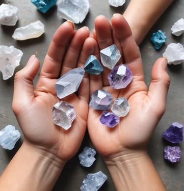 Close-up of hands gently holding crystals during a spiritual session.