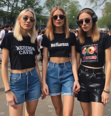 tres chicas vistiendose par air a una rave techno festival