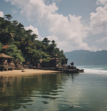 Local Balinese market bustling with colorful fruits, spices, and smiling vendors.