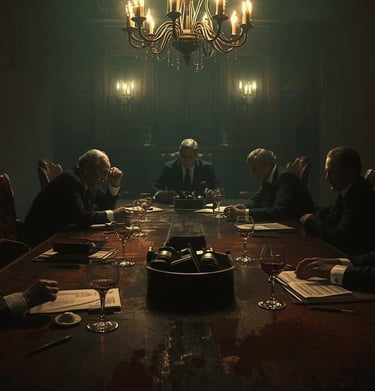 Men in suits gather for a secret meeting around a dark wooden table in a dimly lit gothic boardroom.