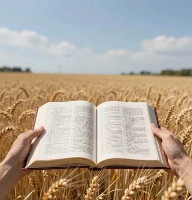 Open Bible resting on a wooden table with gentle rays of sunlight illuminating the pages.
