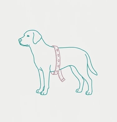 Imagen minimalista de un perro que esta de pie y tiene una cinta metrica para medir su pecho