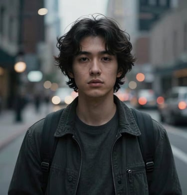 Cinematic portrait of a person in a North American / US urban environment, soft bokeh of city lights, moody charcoal gray tones, artistic lighting.