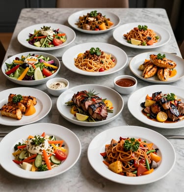 An array of meal options displayed neatly, showcasing variety from economical to customized dishes.