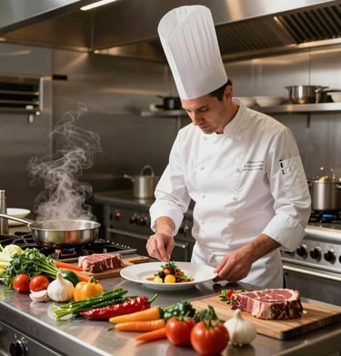 Professional chef carefully plating a nutritious meal in a spotless kitchen environment.