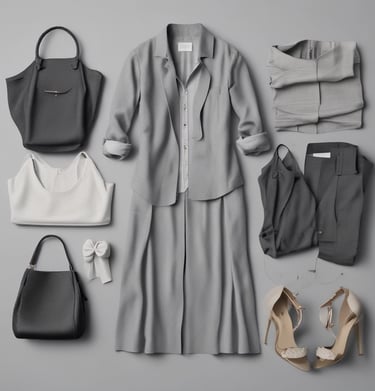 Flat lay of cuts accessories and clothing pieces arranged neatly on a white surface, emphasizing minimalism.
