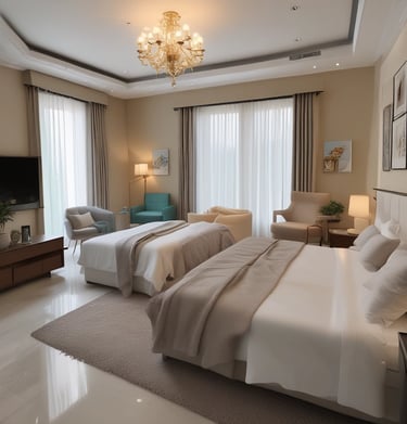 Peaceful courtyard with seating surrounded by greenery at the guest house.