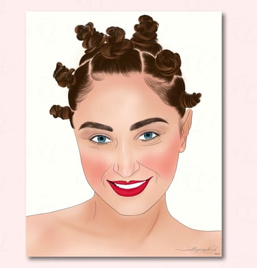 Hand‑drawn digital portrait of a person with Bantu knots, blue eyes, and red lipstick on a soft pink background.